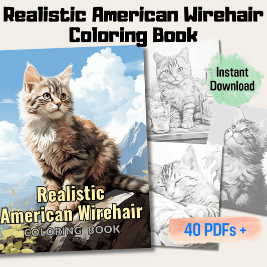 Realistic American Wirehair Coloring Book, 20 American Wirehair Grayscale Coloring Pages