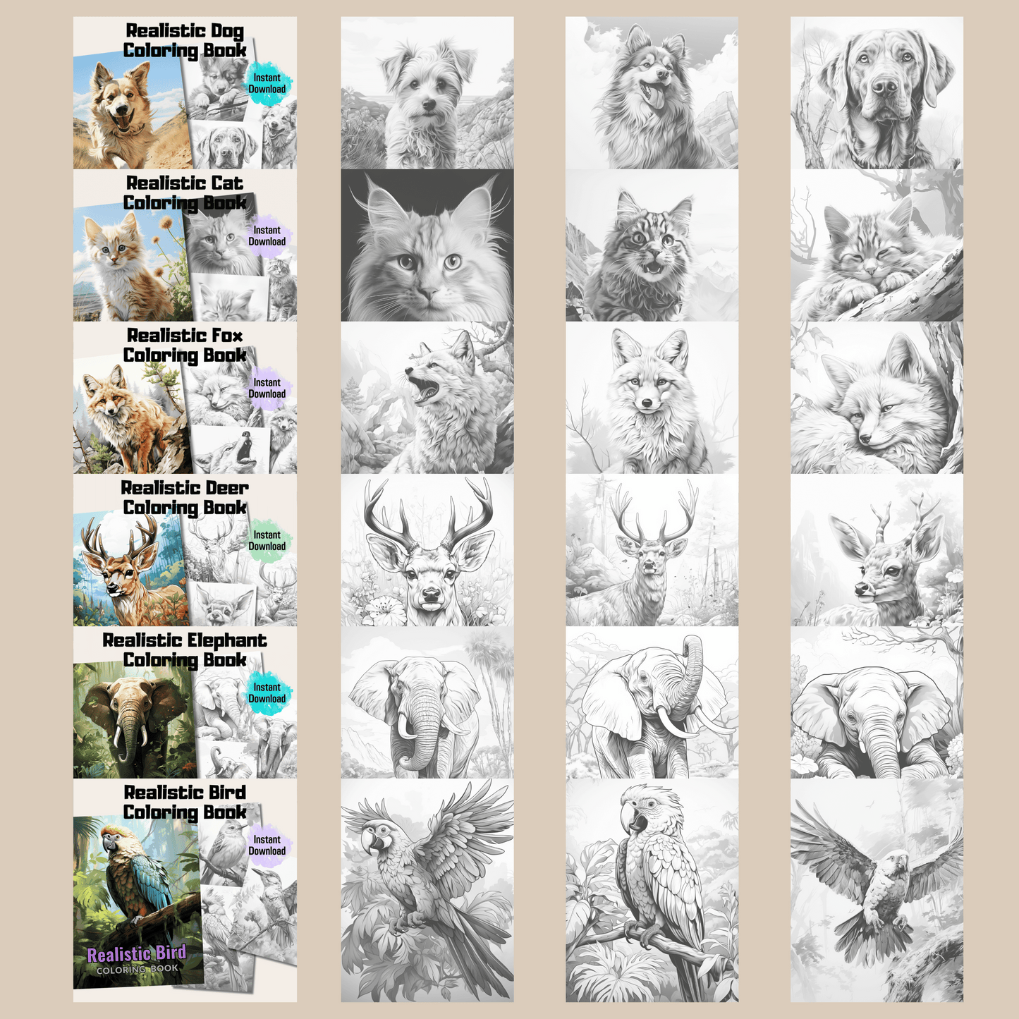 Realistic Animals Coloring Book Bundle 1: Animals 200 Pages Included