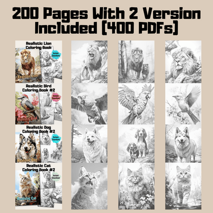 Realistic Animals Coloring Book Bundle 2: Animals 200 Pages Included