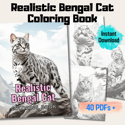 Realistic Bengal Cat Coloring Book, 20 Bengal Cat Grayscale Coloring Pages