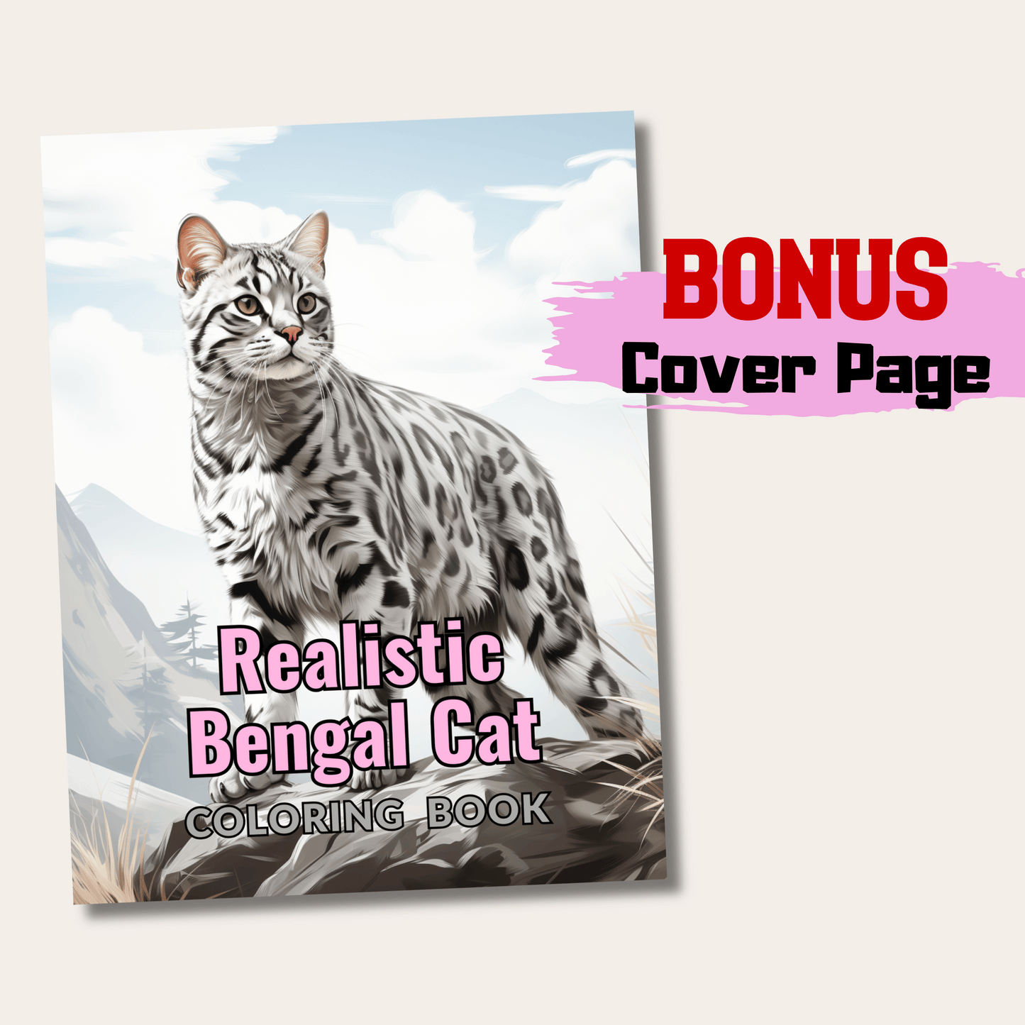 Realistic Bengal Cat Coloring Book, 20 Bengal Cat Grayscale Coloring Pages
