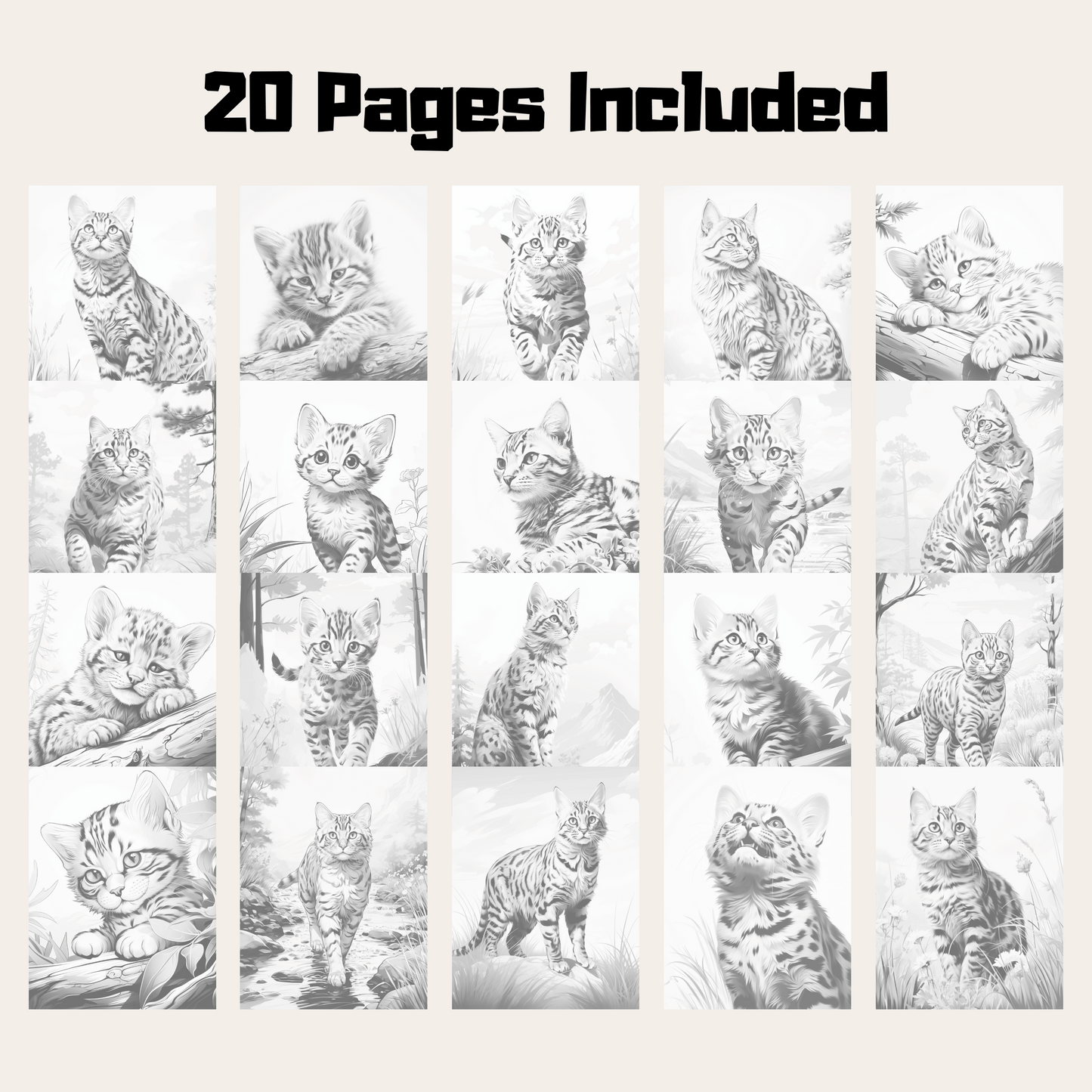 Realistic Bengal Cat Coloring Book, 20 Bengal Cat Grayscale Coloring Pages