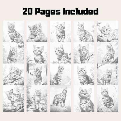 Realistic Bengal Cat Coloring Book, 20 Bengal Cat Grayscale Coloring Pages