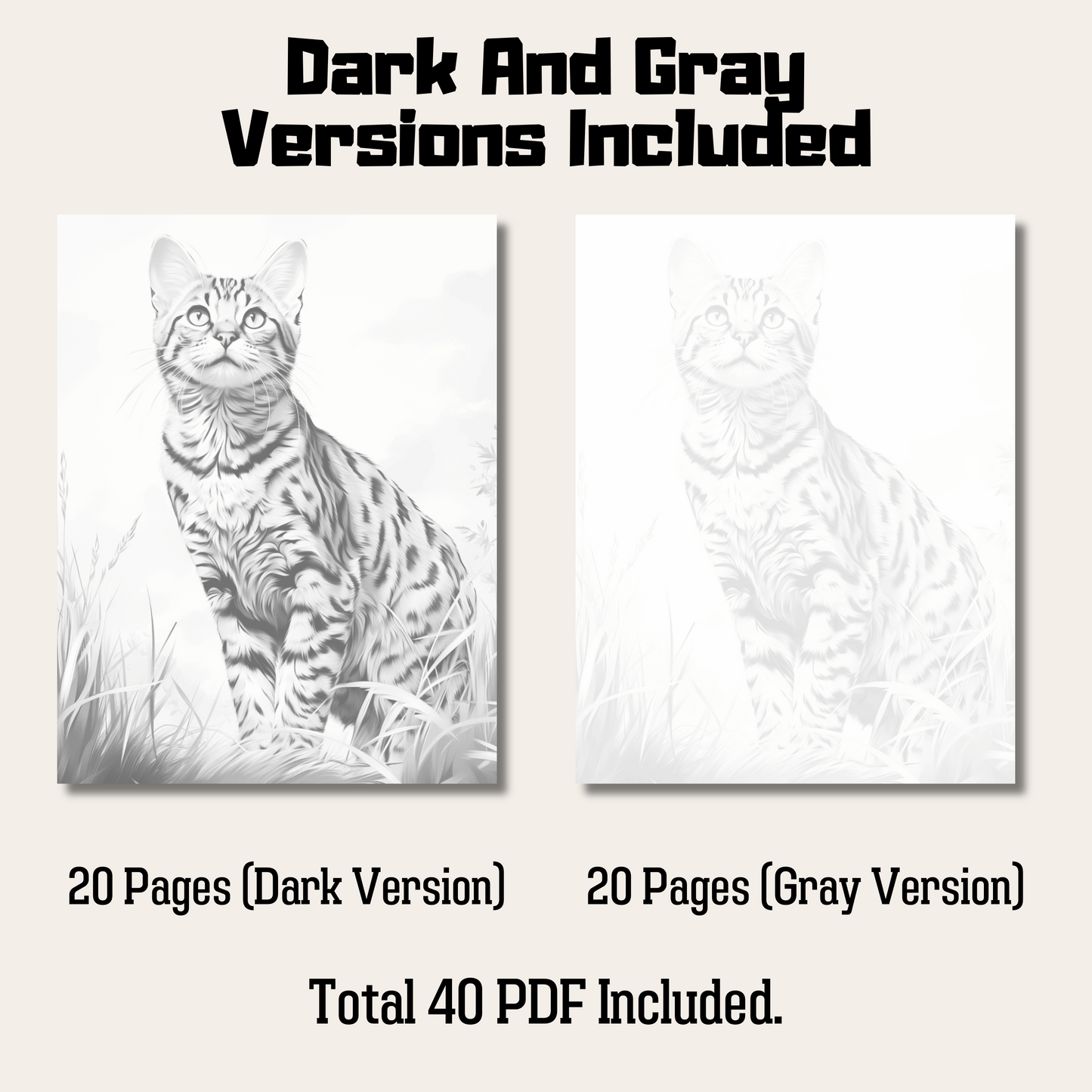 Realistic Bengal Cat Coloring Book, 20 Bengal Cat Grayscale Coloring Pages