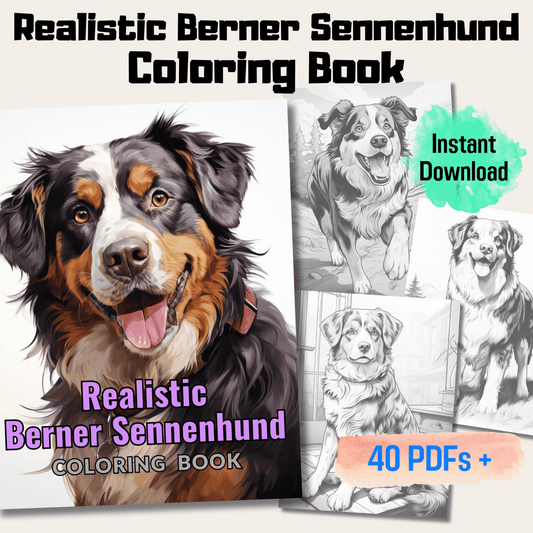 Realistic Berner Sennenhund Coloring Book, 20 Bernese Mountain Dog Grayscale Coloring Pages