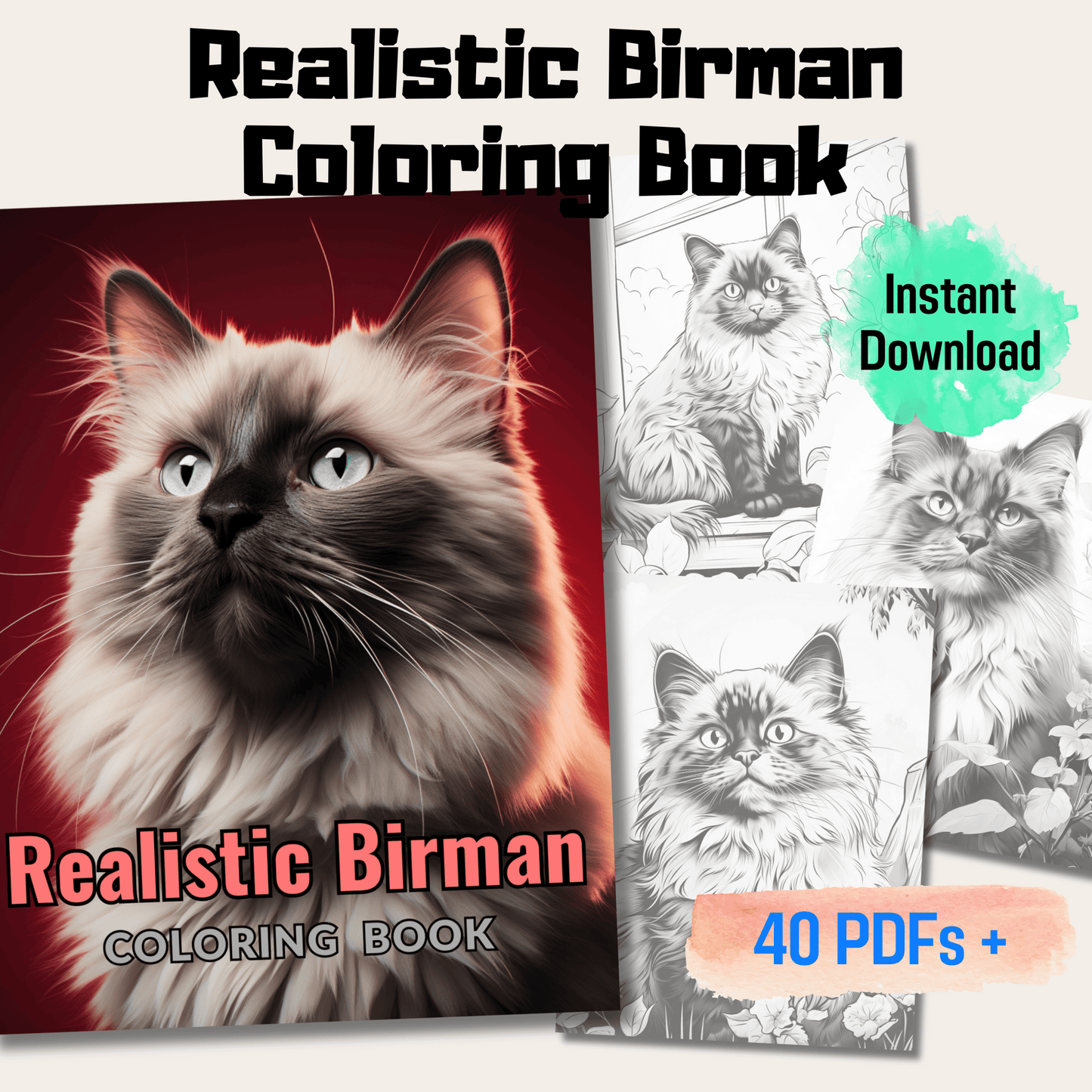 Realistic Birman Coloring Book, 20 Birman Grayscale Coloring Pages