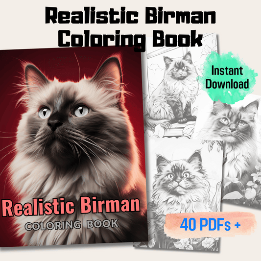 Realistic Birman Coloring Book, 20 Birman Grayscale Coloring Pages