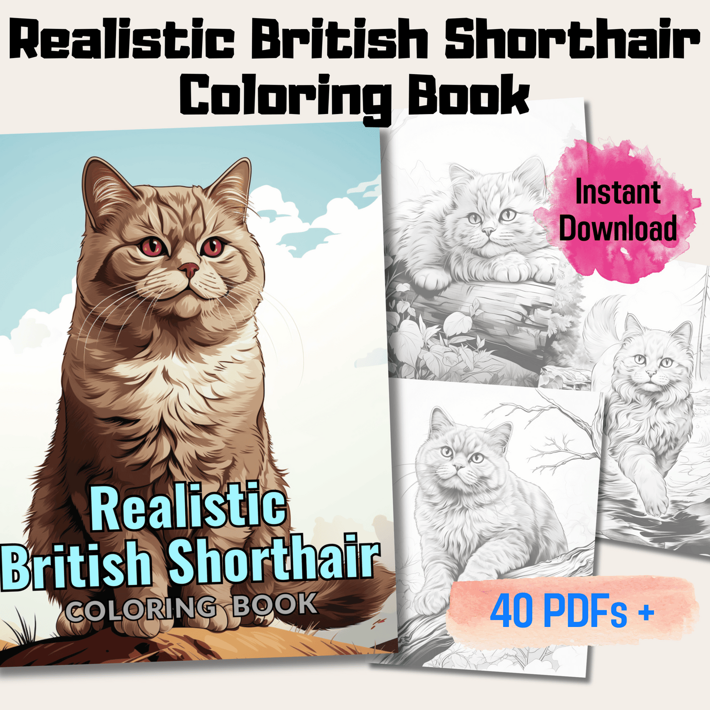 Realistic British Shorthair Coloring Book, 20 British Shorthair Grayscale Coloring Pages