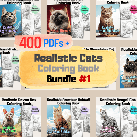 Realistic Cats Coloring Book Bundle, 400 Cats Grayscale Coloring Pages for All Ages