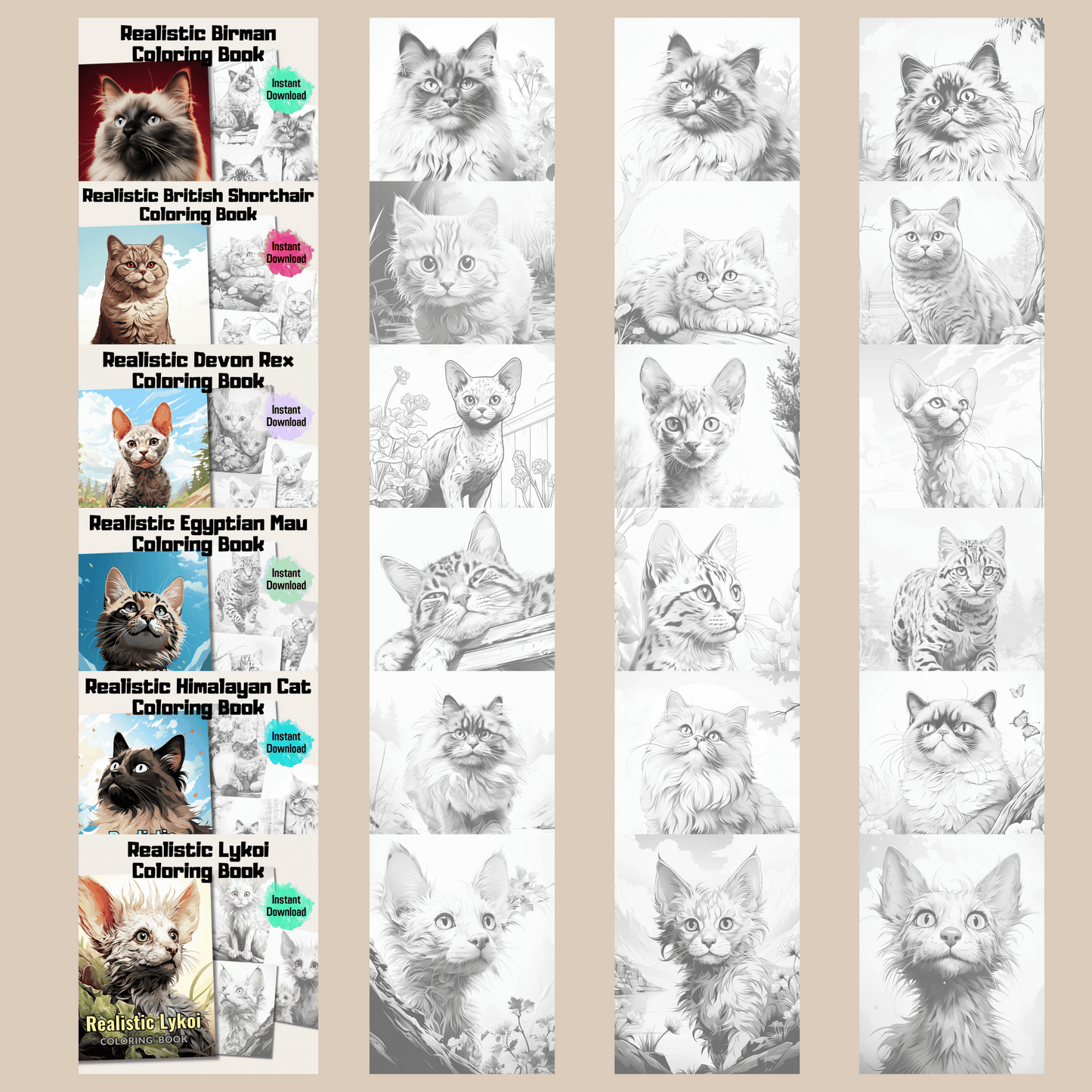 Realistic Cats Coloring Book Bundle, 400 Cats Grayscale Coloring Pages for All Ages