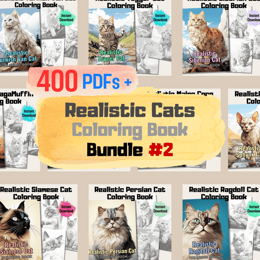 400 Pages Realistic Cats Coloring Book Bundle, 400 Cats Grayscale Coloring Pages for All Ages