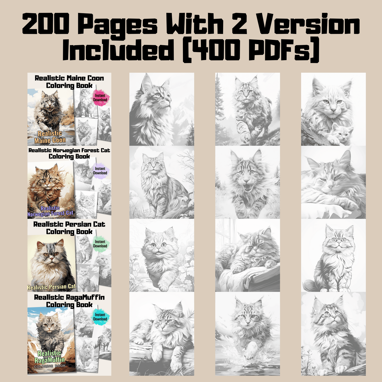 400 Pages Realistic Cats Coloring Book Bundle, 400 Cats Grayscale Coloring Pages for All Ages