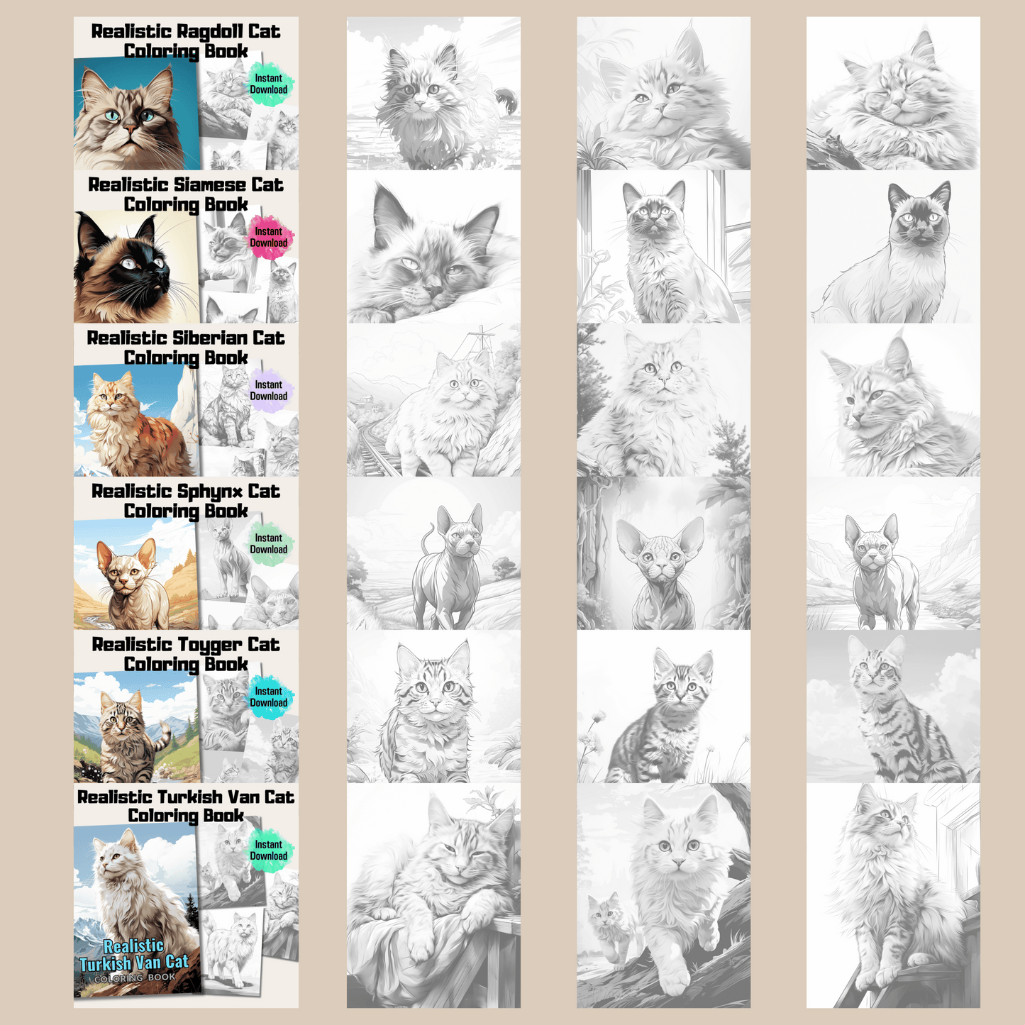 400 Pages Realistic Cats Coloring Book Bundle, 400 Cats Grayscale Coloring Pages for All Ages