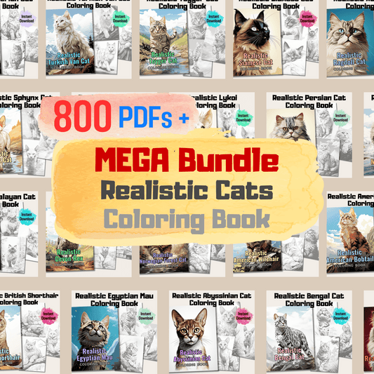 Ultimate Realistic Cats Grayscale Coloring Book Mega Bundle, 800 Pages Coloring Pages + 20 Cover Pages
