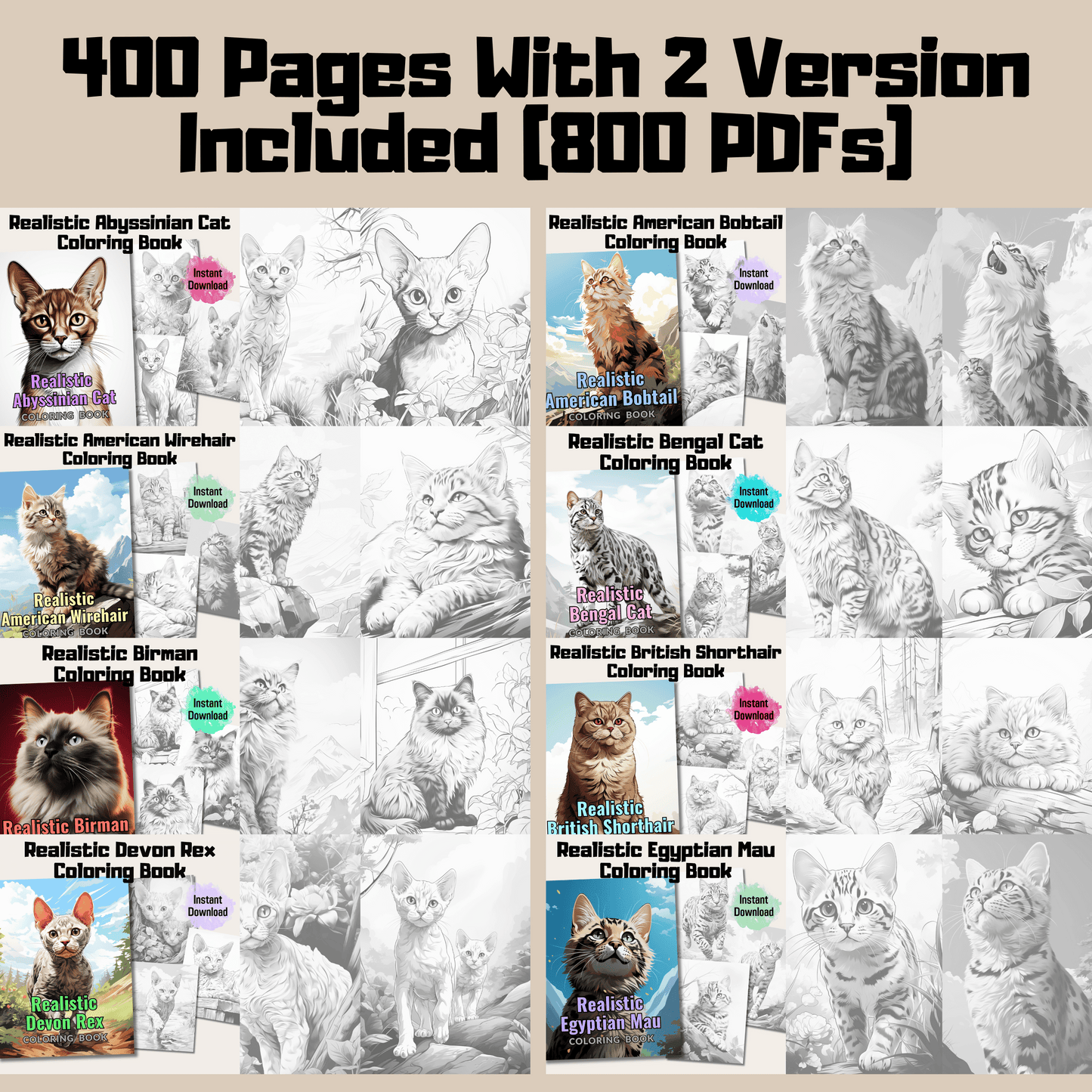 Ultimate Realistic Cats Grayscale Coloring Book Mega Bundle, 800 Pages Coloring Pages + 20 Cover Pages