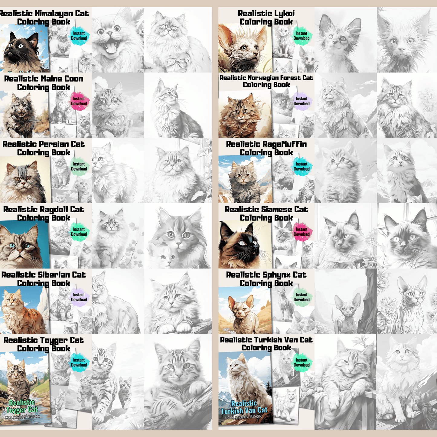 Ultimate Realistic Cats Grayscale Coloring Book Mega Bundle, 800 Pages Coloring Pages + 20 Cover Pages