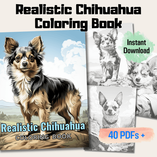 Realistic Chihuahua Coloring Book, 20 Realistic Style Dog Grayscale Coloring Pages