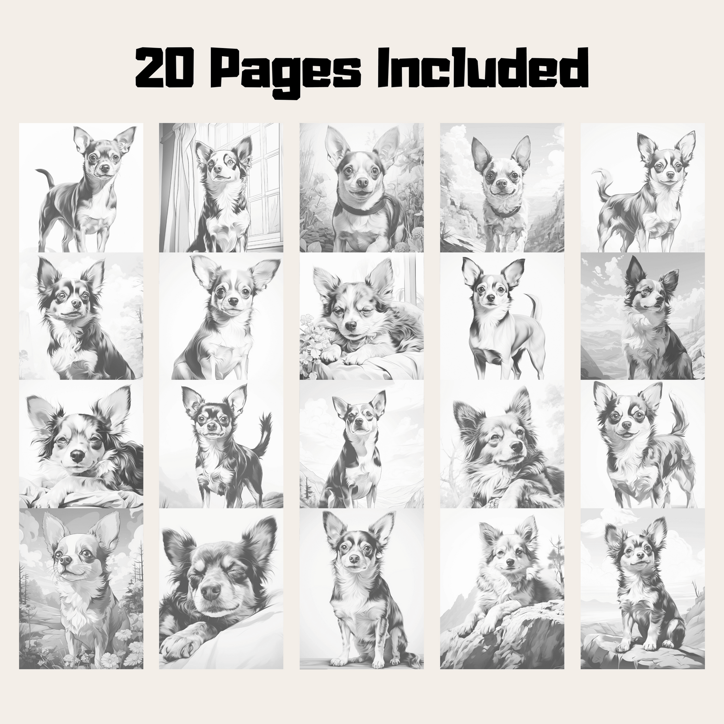 Realistic Chihuahua Coloring Book, 20 Realistic Style Dog Grayscale Coloring Pages