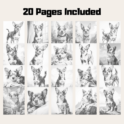 Realistic Chihuahua Coloring Book, 20 Realistic Style Dog Grayscale Coloring Pages