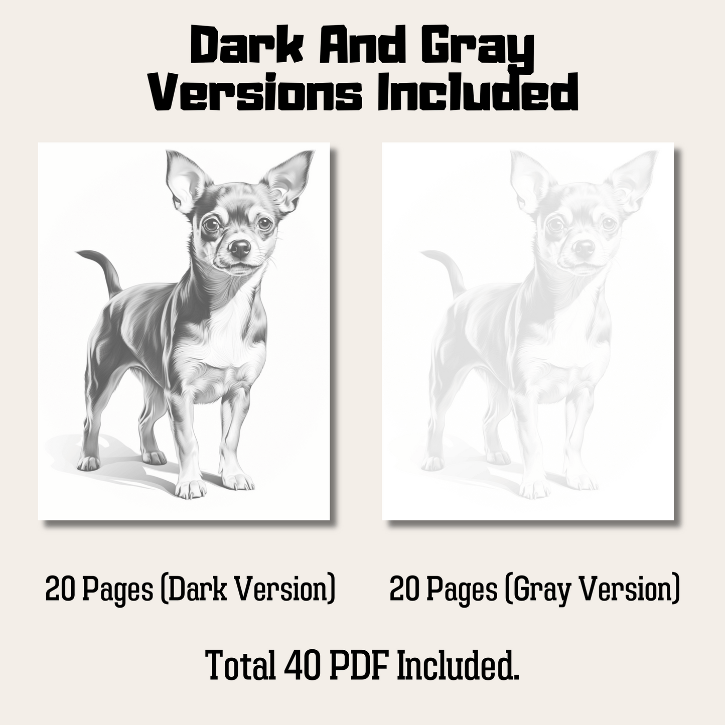 Realistic Chihuahua Coloring Book, 20 Realistic Style Dog Grayscale Coloring Pages