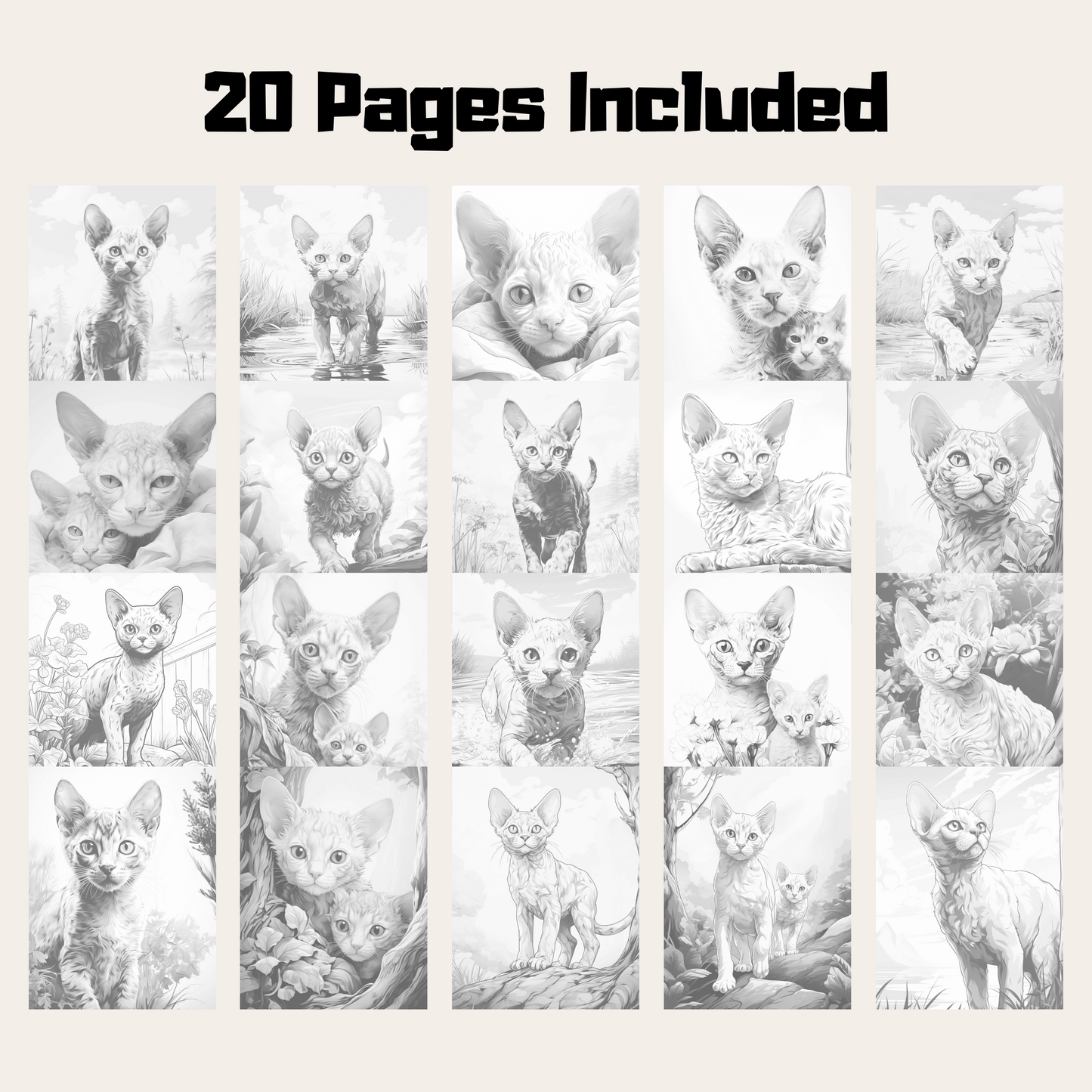 Realistic Devon Rex Coloring Book, 20 Devon Rex Grayscale Coloring Pages