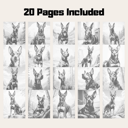 Realistic Doberman Pinscher Coloring Book, 20 Dogs Grayscale Coloring Pages
