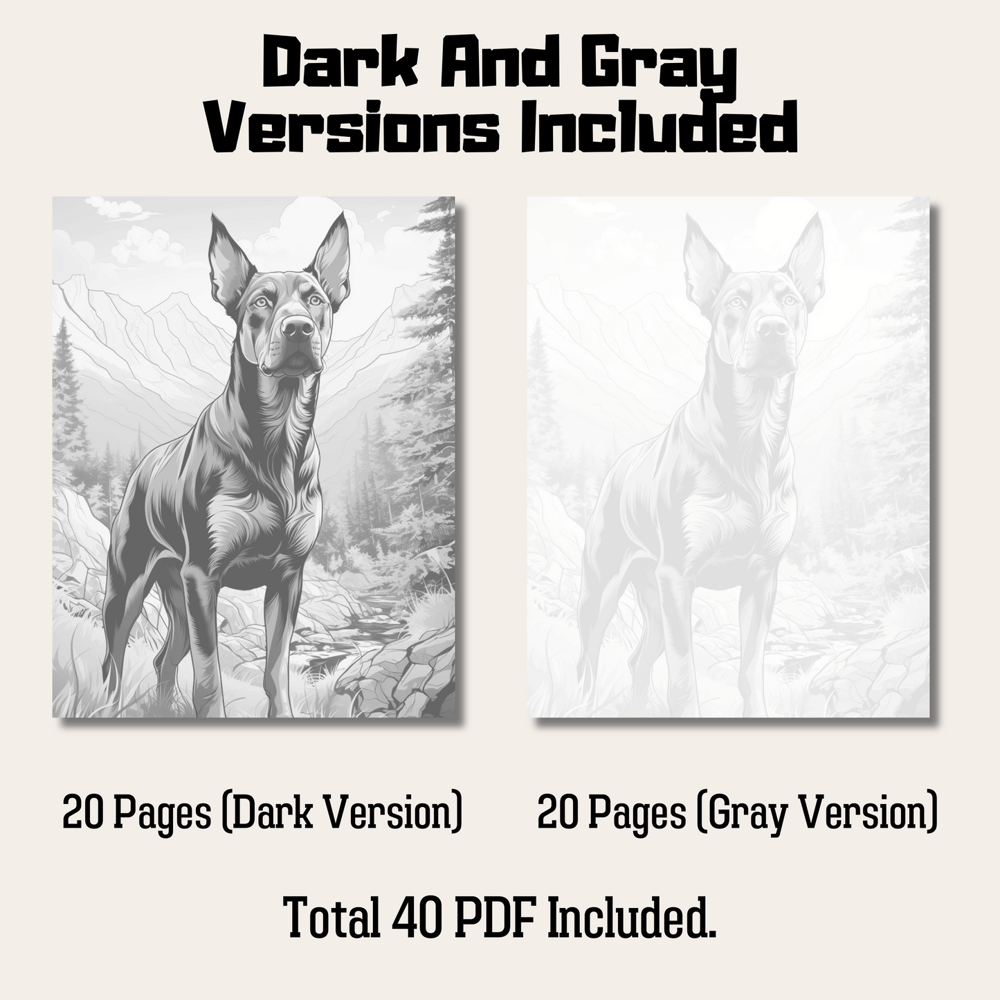 Realistic Doberman Pinscher Coloring Book, 20 Dogs Grayscale Coloring Pages