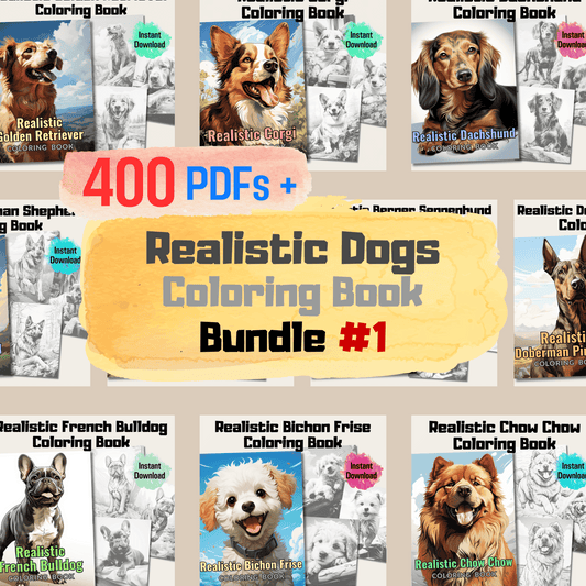 Realistic Dogs Coloring Book Bundle, 400 Dogs Grayscale Coloring Pages for All Ages