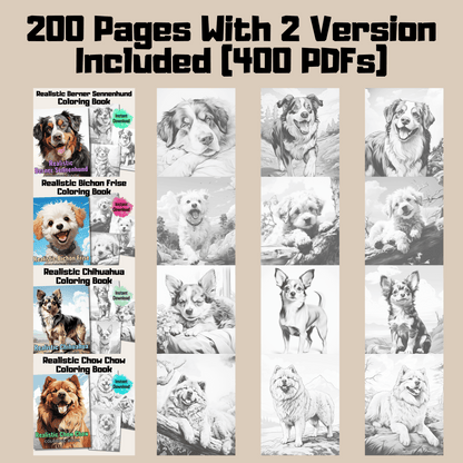 Realistic Dogs Coloring Book Bundle, 400 Dogs Grayscale Coloring Pages for All Ages