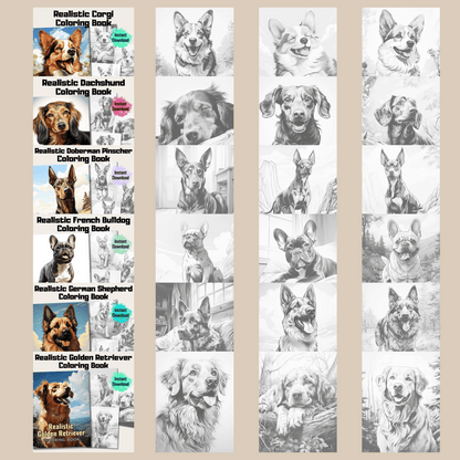 Realistic Dogs Coloring Book Bundle, 400 Dogs Grayscale Coloring Pages for All Ages