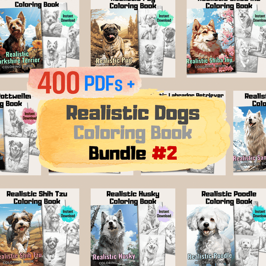 400 Pages Realistic Dogs Coloring Book Bundle, Canine Art for Relaxation and Creativity