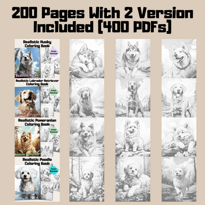 400 Pages Realistic Dogs Coloring Book Bundle, Canine Art for Relaxation and Creativity