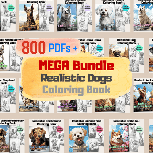 Ultimate Realistic Dogs Grayscale Coloring Book Mega Bundle, 800 Pages Coloring Pages + 20 Cover Pages