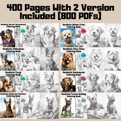 Ultimate Realistic Dogs Grayscale Coloring Book Mega Bundle, 800 Pages Coloring Pages + 20 Cover Pages