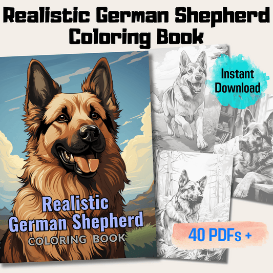 Realistic German Shepherd Coloring Book, 20 Dogs Grayscale Coloring Pages