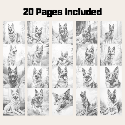 Realistic German Shepherd Coloring Book, 20 Dogs Grayscale Coloring Pages