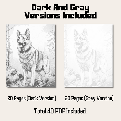 Realistic German Shepherd Coloring Book, 20 Dogs Grayscale Coloring Pages