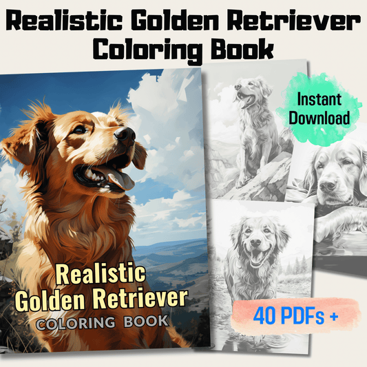 Realistic Golden Retriever Coloring Book, 20 Golden Retriever Grayscale Coloring Pages