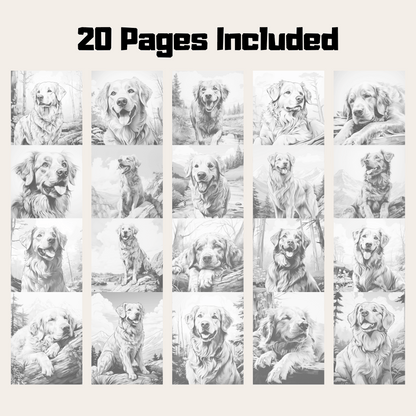Realistic Golden Retriever Coloring Book, 20 Golden Retriever Grayscale Coloring Pages