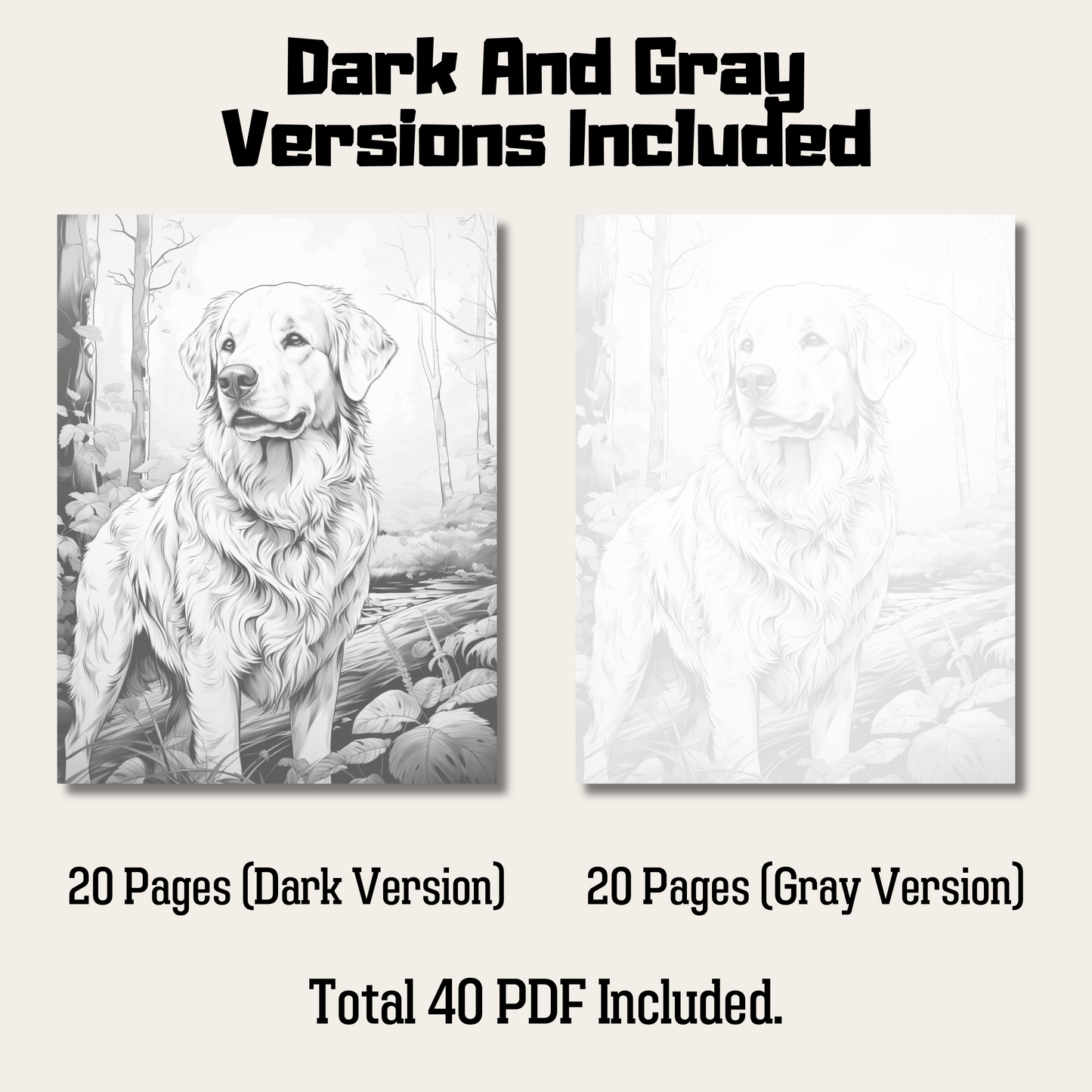 Realistic Golden Retriever Coloring Book, 20 Golden Retriever Grayscale Coloring Pages