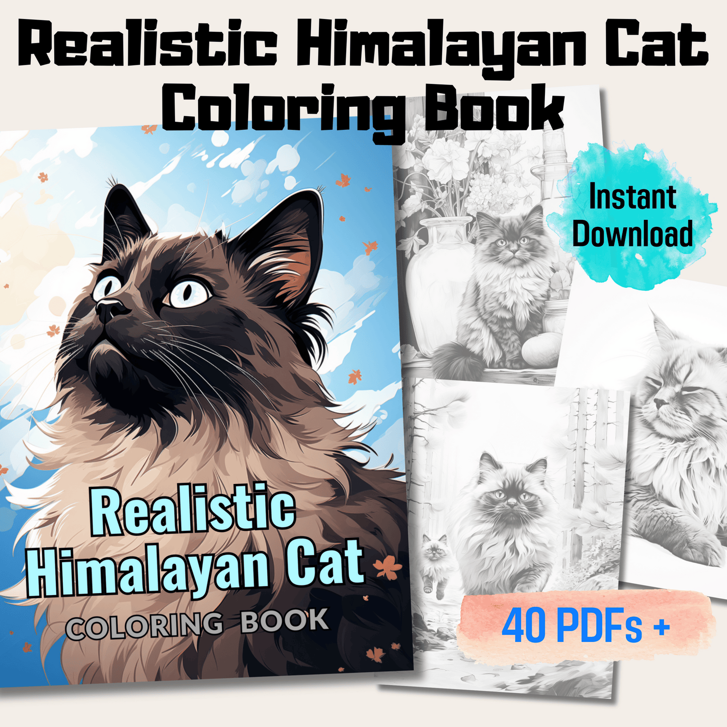 Realistic Himalayan Cat Coloring Book, 20 Himalayan Cat Grayscale Coloring Pages