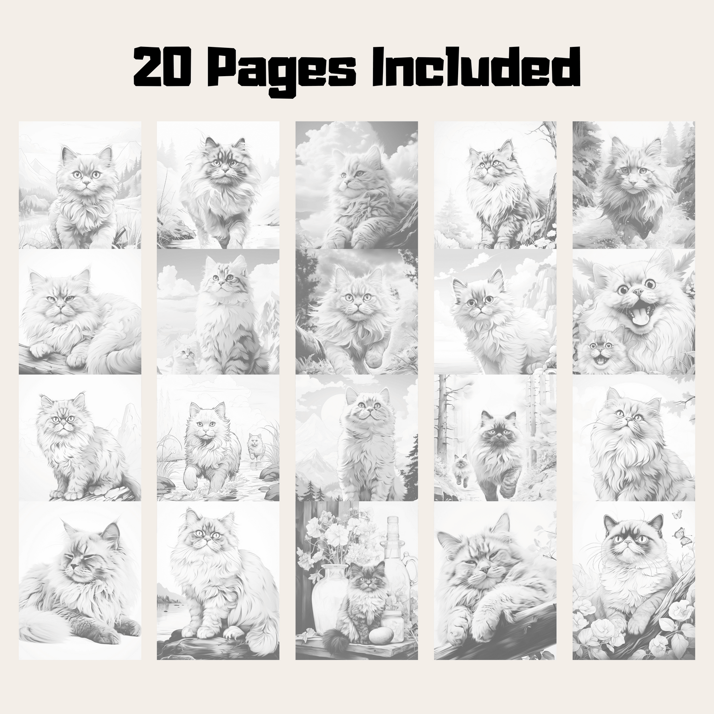 Realistic Himalayan Cat Coloring Book, 20 Himalayan Cat Grayscale Coloring Pages