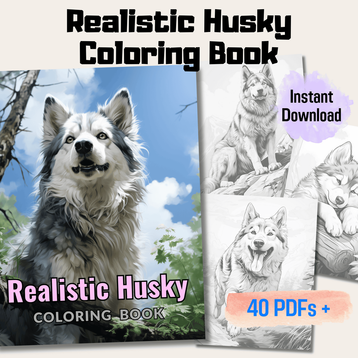 Realistic Husky Coloring Book, 20 Siberian Husky Grayscale Coloring Pa ...