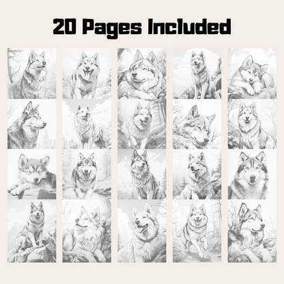 Realistic Husky Coloring Book, 20 Siberian Husky Grayscale Coloring Pages for All Ages