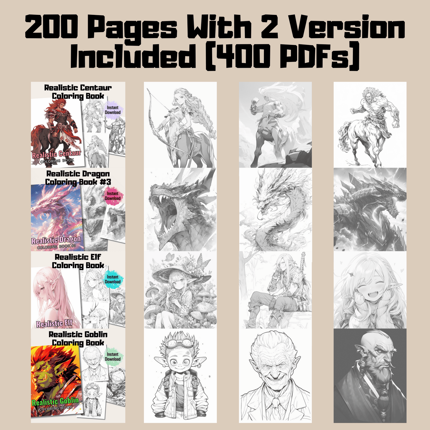 Realistic Legendary Creature Coloring Book Bundle 1: Legendary Creatures 200 Pages Included