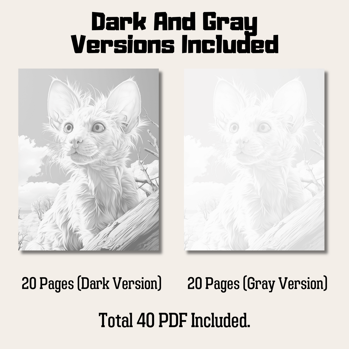 Realistic Lykoi Coloring Book, 20 Detailed Werewolf Cat Grayscale Coloring Pages PDF