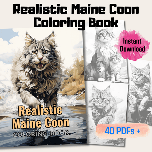 Realistic Maine Coon Coloring Book, 20 Maine Coon Grayscale Coloring Pages