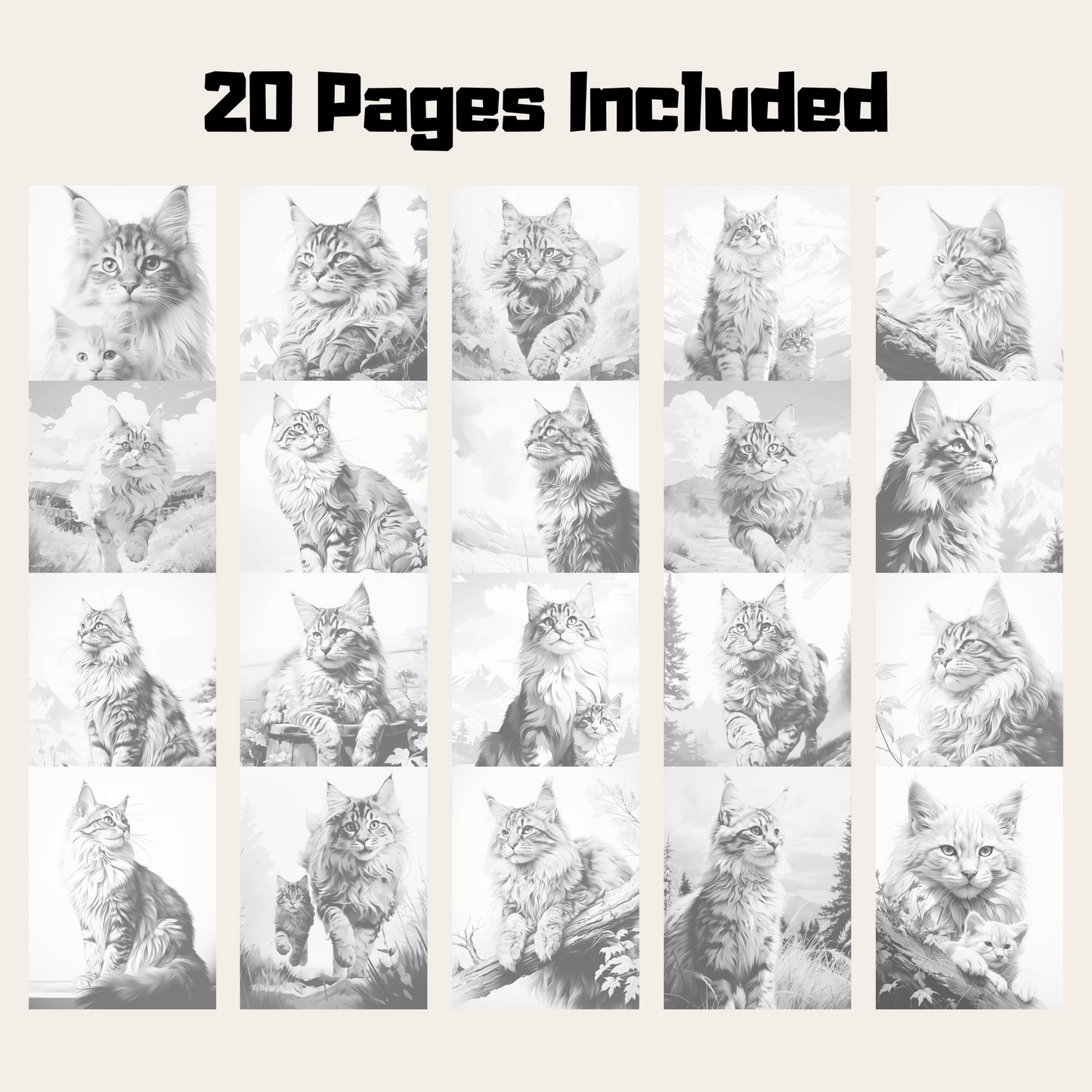 Realistic Maine Coon Coloring Book, 20 Maine Coon Grayscale Coloring Pages