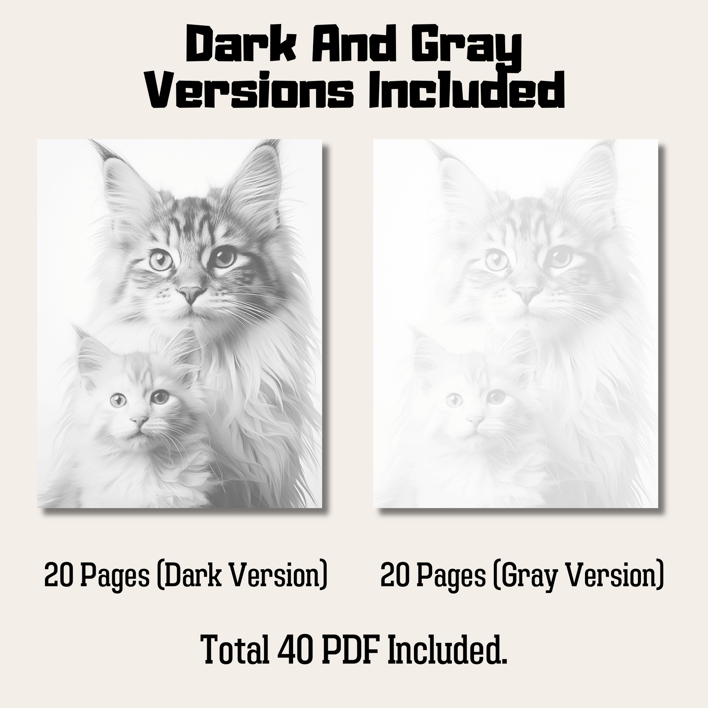 Realistic Maine Coon Coloring Book, 20 Maine Coon Grayscale Coloring Pages