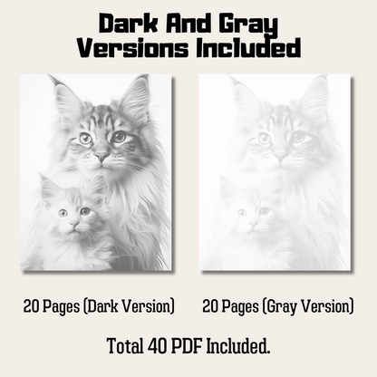 Realistic Maine Coon Coloring Book, 20 Maine Coon Grayscale Coloring Pages